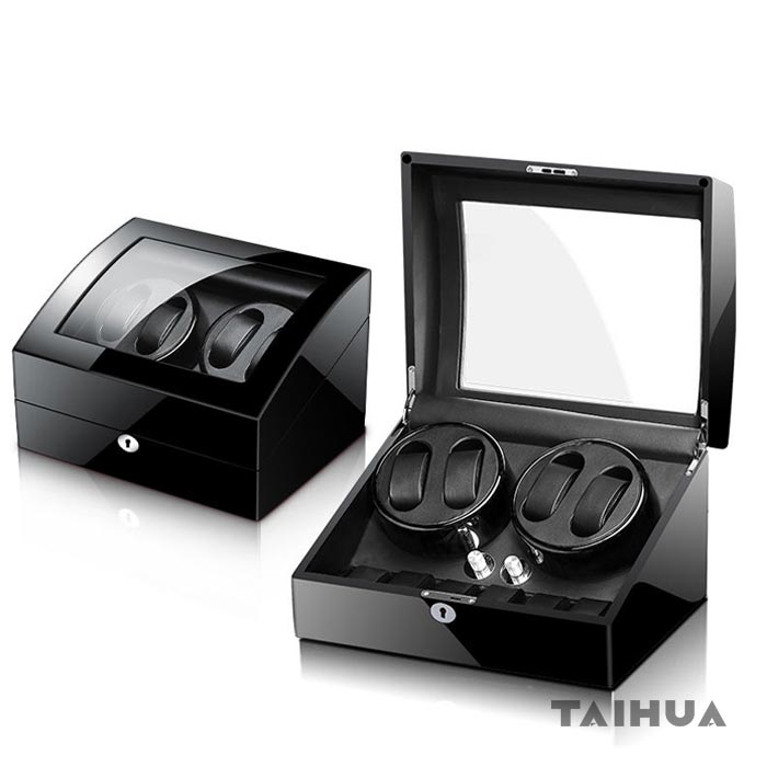 Wooden Black 4 Watch Winder with 6 Storage