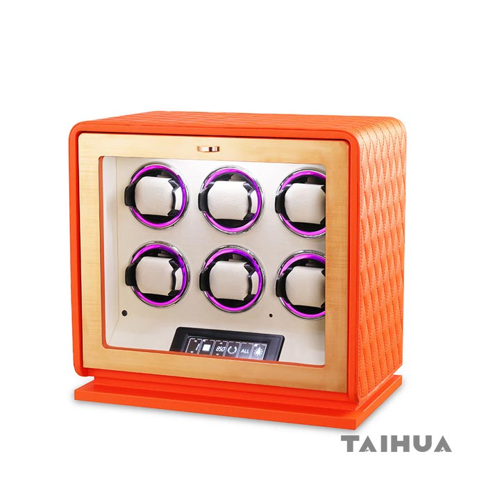 Luxury Black/Green/Orange Leather Watch Winder 6 Watches